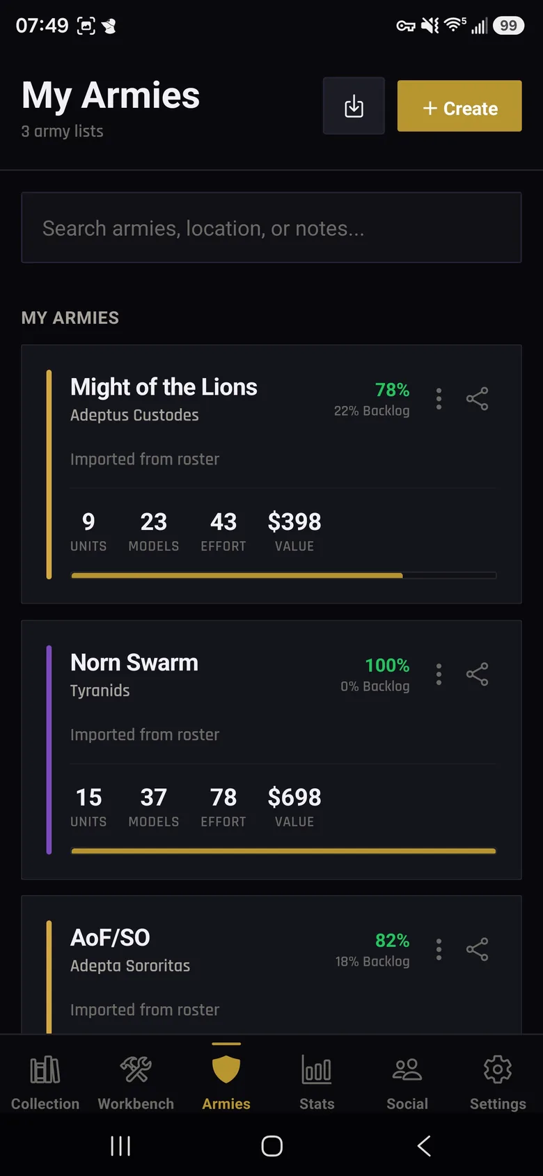 Army lists with completion stats