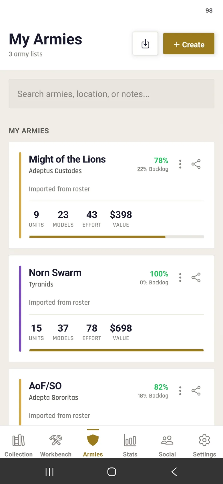Army lists with completion stats