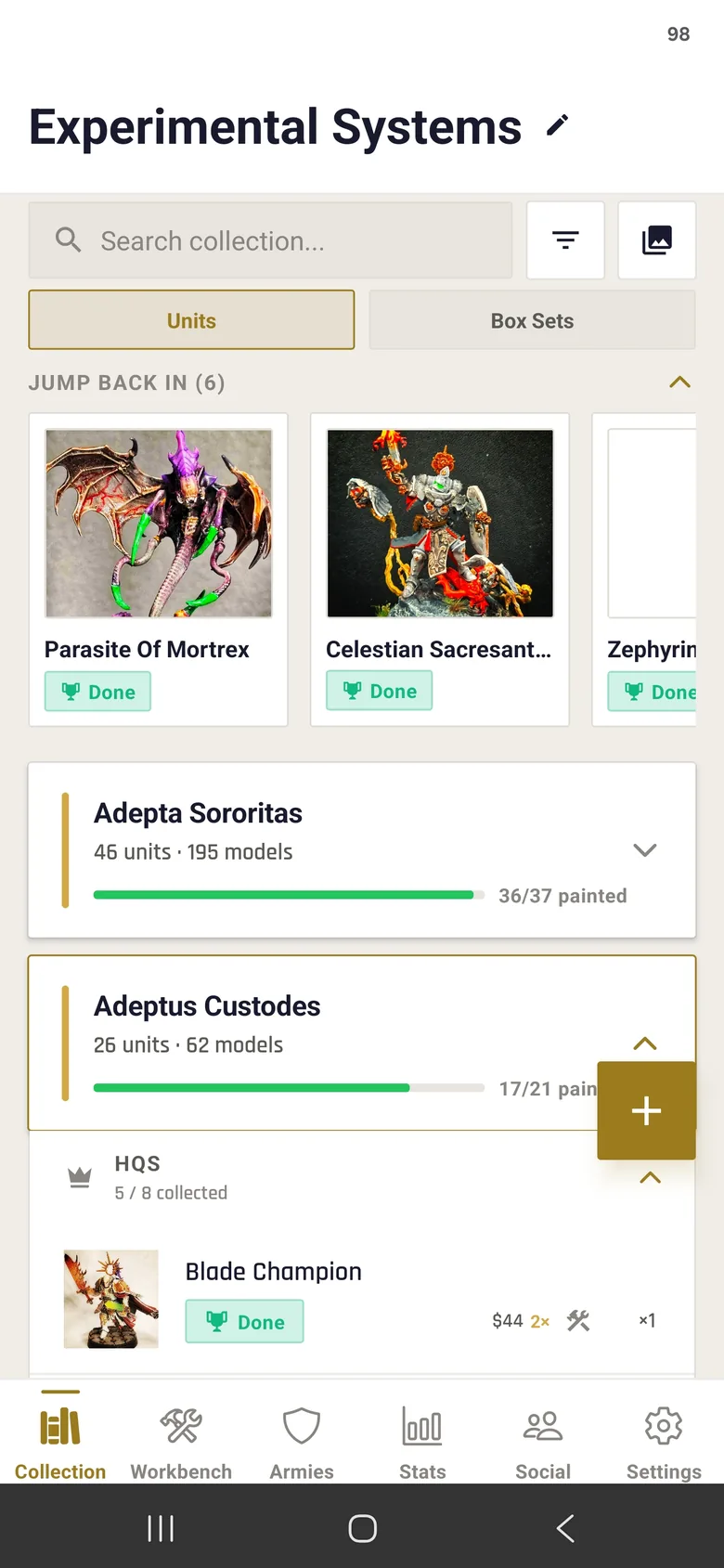 Hobby Dataslate collection screen showing factions and painted units