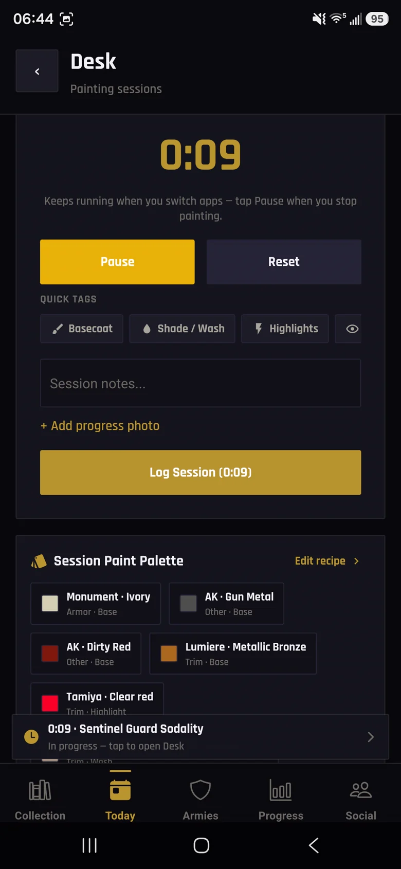 Desk session timer with paints and stage tags