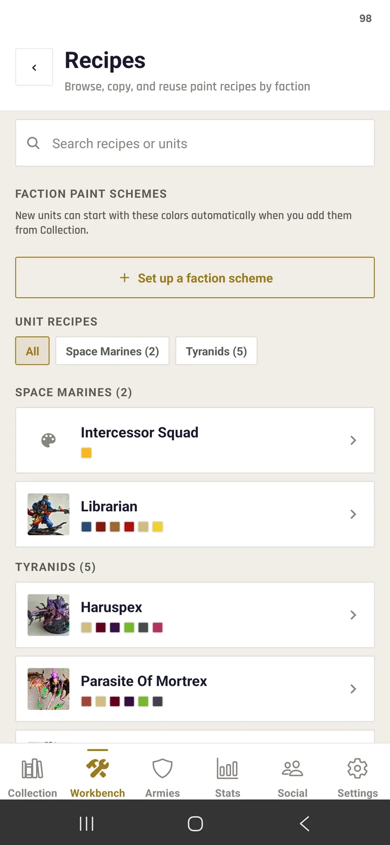Paint recipes by faction with color swatches