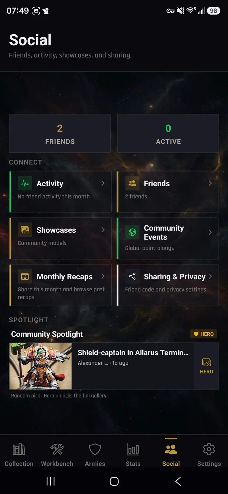 Social tab with friend codes and community showcase