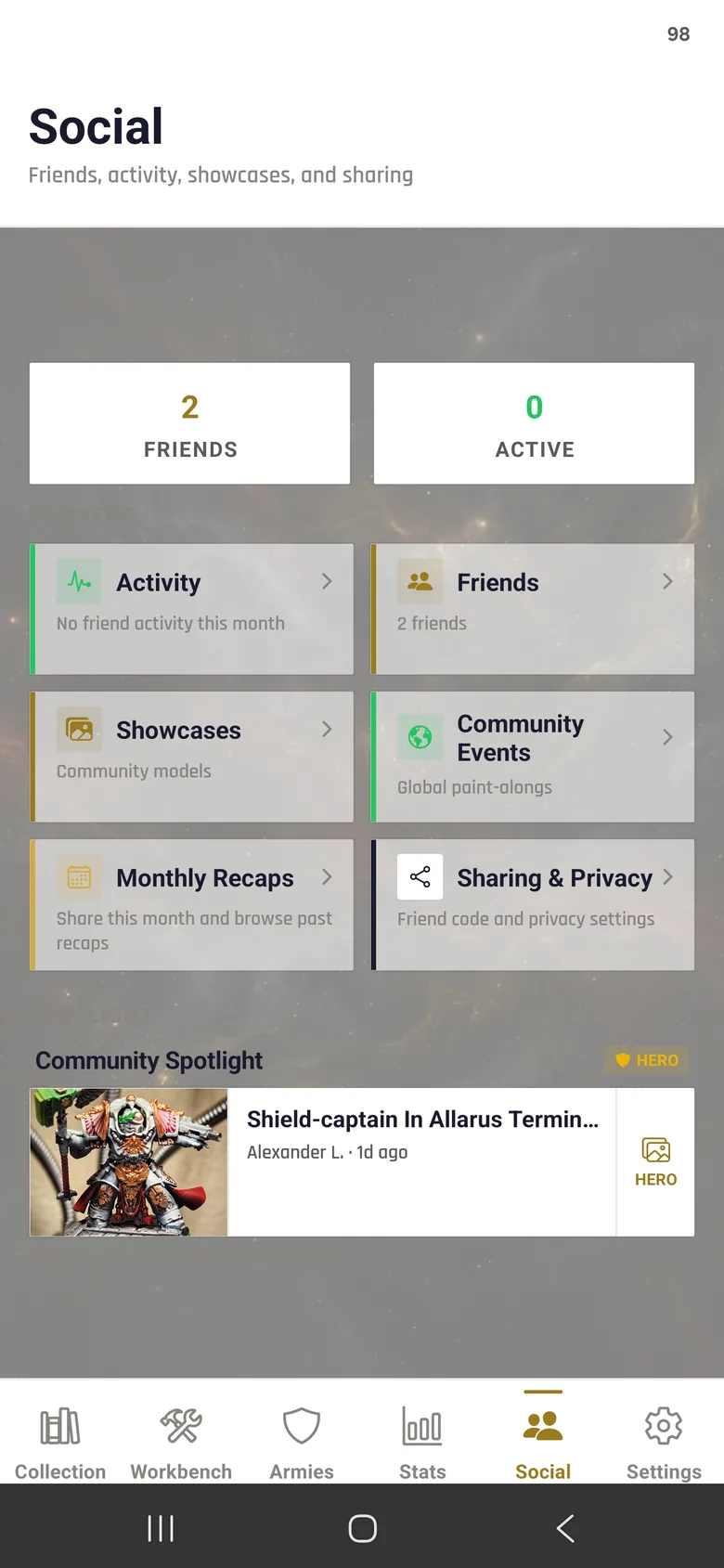 Social tab with friend codes and community showcase