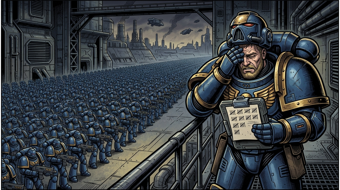 Space Marine Captain facepalming while reviewing an endless tally of identical soldiers