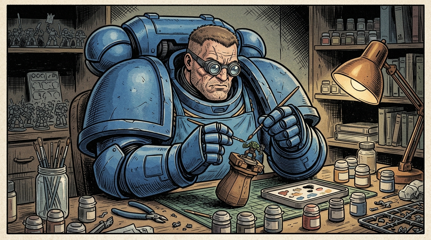 Unhelmeted Space Marine in power armor wearing magnifying goggles delicately painting a miniature