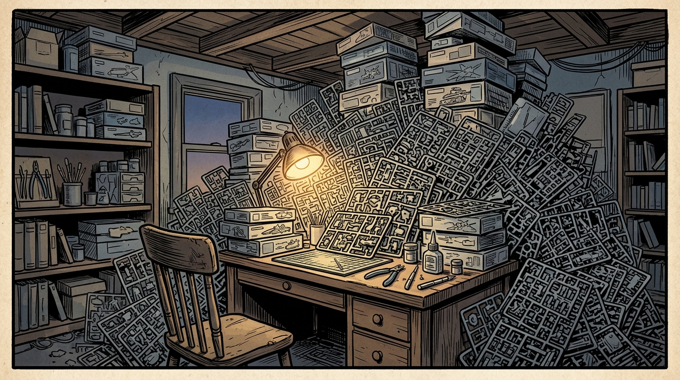 A mountain of unassembled miniature model sprues and boxes burying a hobby desk